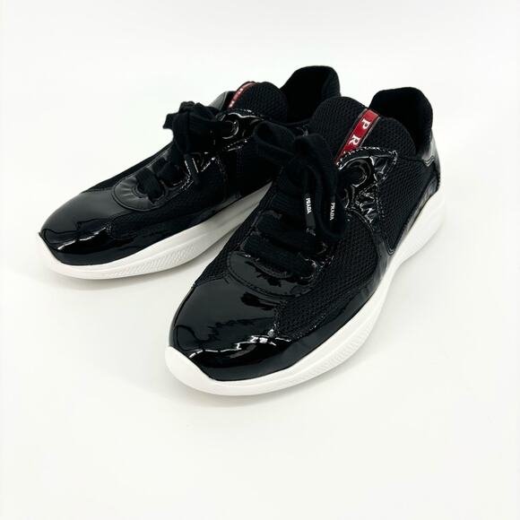 Prada America's Cup Biker Fabric Sneakers Size 36.5 Black White Patent Leather - Picture 1 of 12